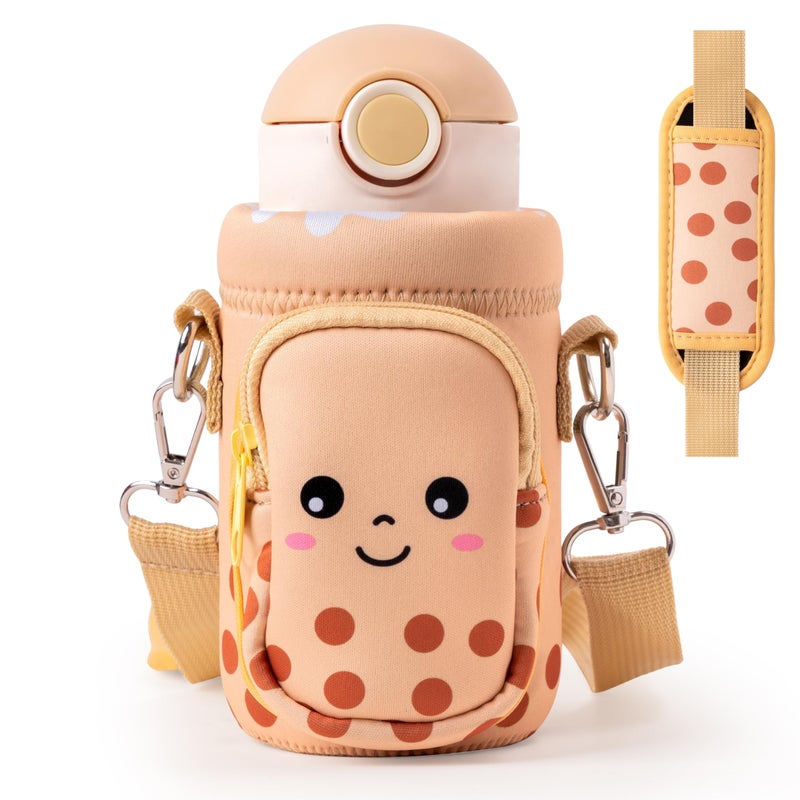 2ooya Bubble Tea Water Bottle Carrier Bag with Strap for Kids - Cute khaki Neoprene Insulated Water Bottle Bag Holder with Padded Strap Pocket 10/12/14/16/18Oz for Boys Girls School Walking Hiking Camping - Image 1